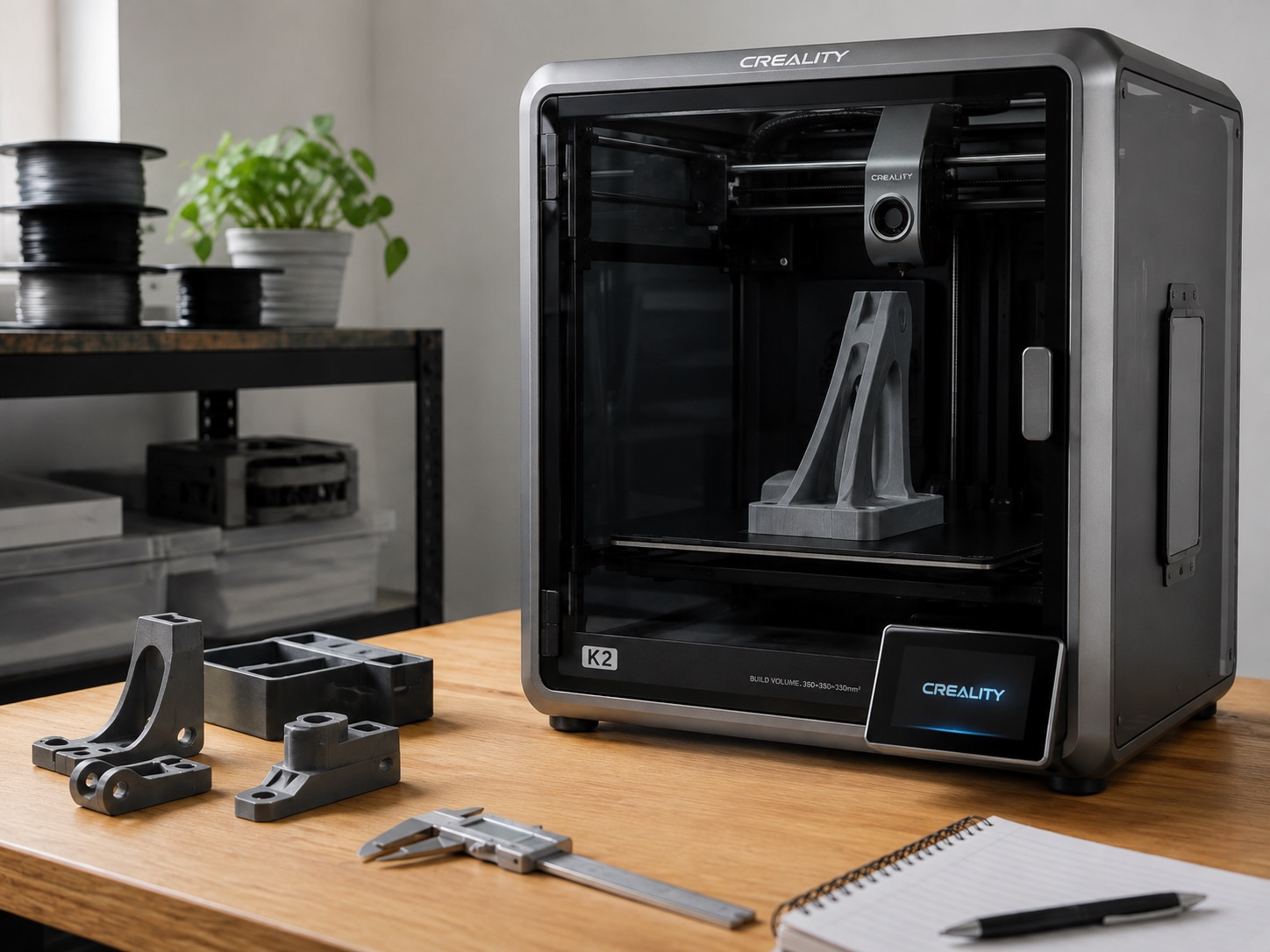 A desktop 3D printer producing a plastic bracket beside finished printed parts in the Sarus3D workshop