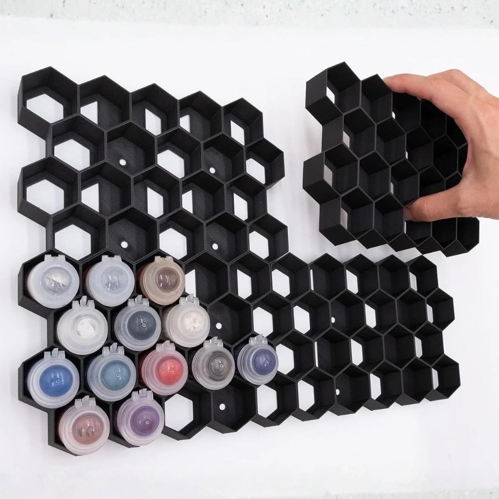 Modular hexagonal 3D printed paint pot storage trays